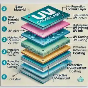 Cross-sectional diagram illustrating the layers of UV Colorlast-treated signage, including the base material (acrylic or metal), high-resolution UV ink layer, UV curing process, and protective UV-resistant coating.