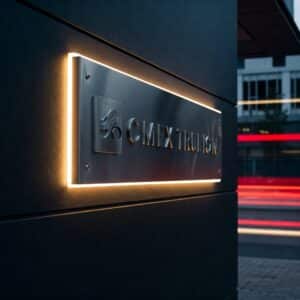 Modern illuminated business sign with blurred traffic lights in the background.