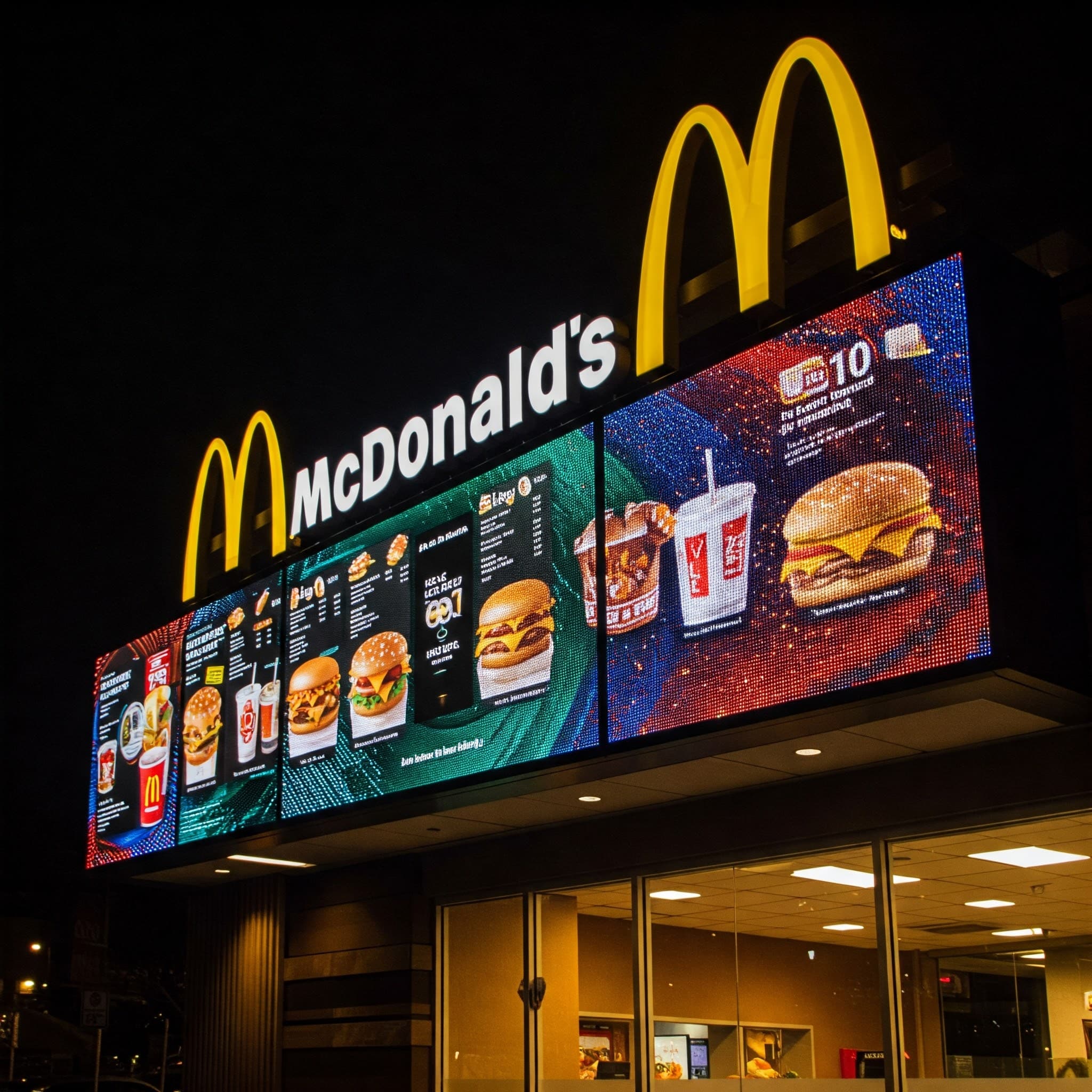 McDonald's illuminated digital menu board showing burgers, drinks, and deals at night.