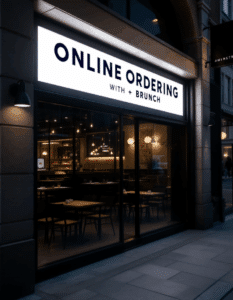 Illuminated sign above a restaurant advertising 'Online Ordering' and 'Brunch'