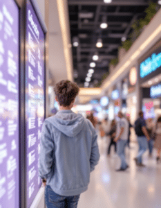 Person viewing a store directory as part of the wayfinding system in a shopping mall.