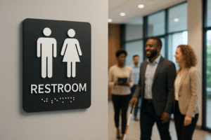 A close-up shot of a black, ADA-compliant unisex restroom sign mounted on a light gray wall. The sign displays white figures of a person in a skirt and a person without a skirt, side-by-side, above the white text "RESTROOM" and a row of raised Braille dots below. In the blurred background, several people, one appearing to use a white cane, are walking in a brightly lit hallway with large windows.