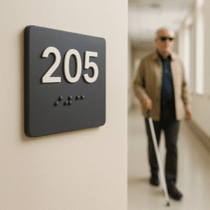 A close-up shot of a black, square ADA-compliant sign mounted on a light beige wall next to a doorway. The sign displays the white, raised numbers "205" and a row of raised Braille dots underneath. In the blurred background, an individual who appears to be using a white cane and wearing sunglasses is walking down a well-lit hallway with windows on the right side.