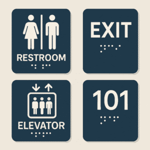 A digital rendering displays four square, dark blue ADA-compliant signs with white text, symbols, and Braille.