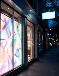 Storefront with colorful illuminated window displays and a blank LED sign at night.
