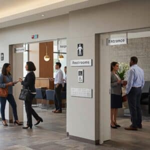 A well-lit, contemporary business lobby with several people walking and talking. Clear, ADA-compliant Braille signs for "Restrooms" (with both tactile text and a wheelchair symbol) and a directional "Entrance" sign are visible on a light-colored wall. The signs are designed with a clean and professional aesthetic.