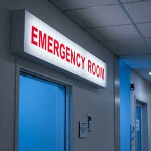 A brightly lit rectangular sign above a doorway reading "EMERGENCY ROOM" in red capital letters against a white background, indicating the location of the hospital's emergency services.