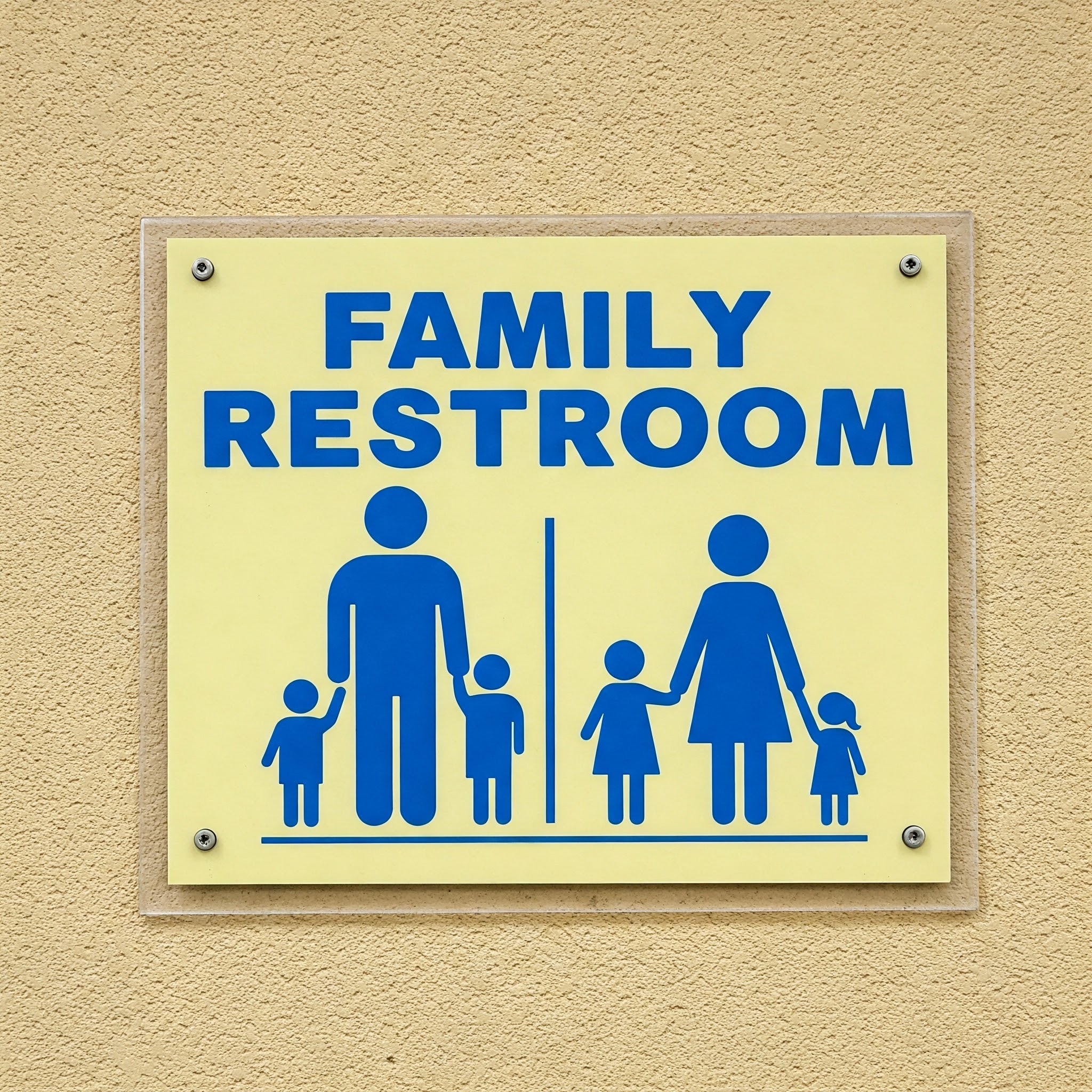 ayfinding sign for a family restroom in a shopping center.