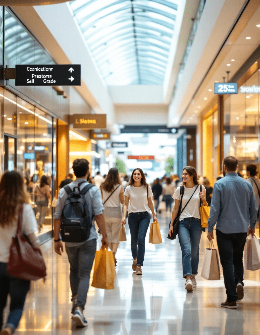 A bustling mall scene showing customer flow and a clear directional sign pointing towards various locations.