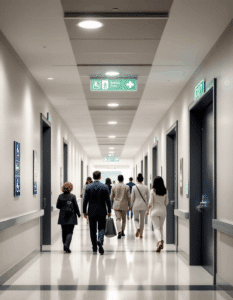 People walking in a well-lit hospital hallway with prominent and easy-to-understand directional signage.