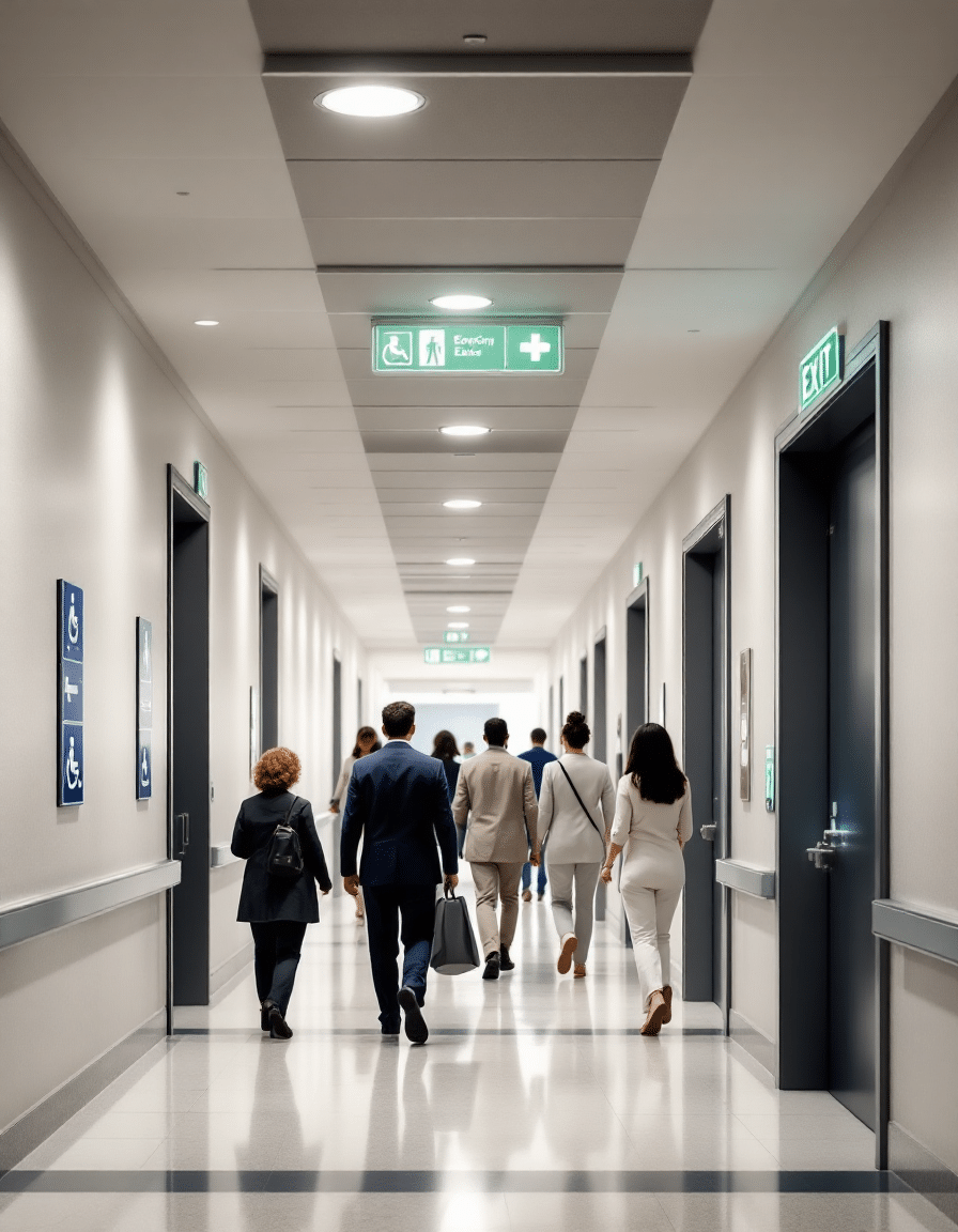 People walking in a well-lit hospital hallway with prominent and easy-to-understand directional signage.