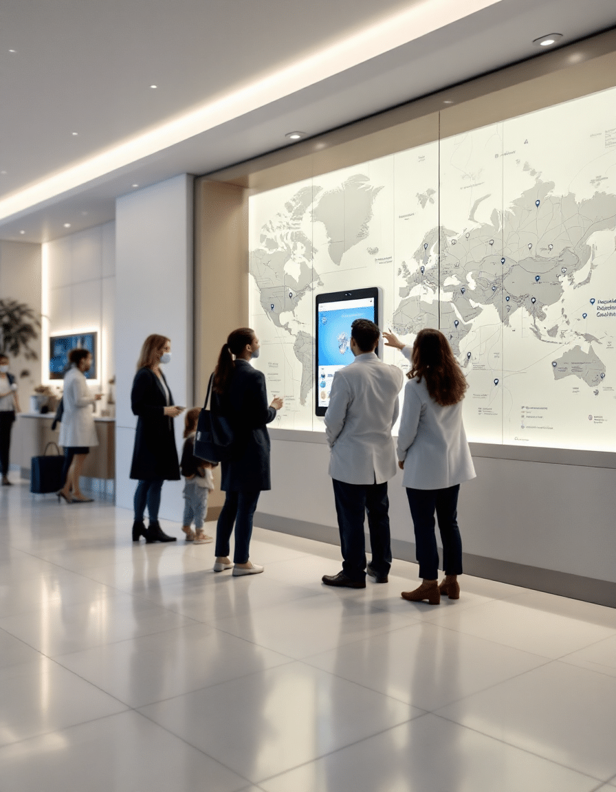 People interacting with a digital wayfinding kiosk in a modern hospital setting, with a world map on the wall behind.