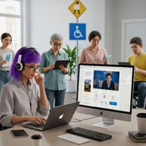 Diverse individuals using accessible technology including laptops, tablets, and screen readers in a modern office setting with visible accessibility signage.