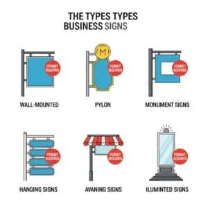 Infographic showing six sign types in Middletown DE that require permits, including wall, pylon, and illuminated signs.